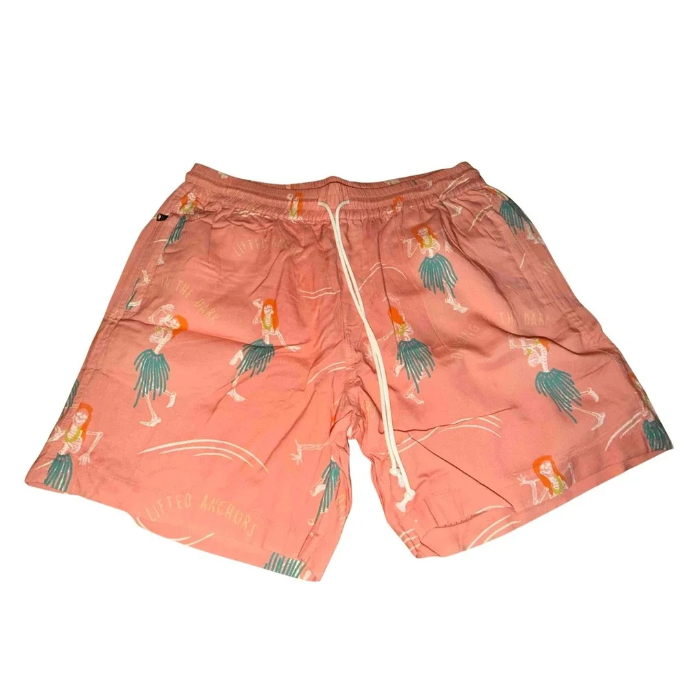 Lifted Anchors Mens Skeleton‎ Hula Dancer Swim Trunks Shorts Coral, Size M, NWT